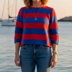 GAP 100% Cotton Striped Blue Red Boatneck Sweater Nautical Fisherman Boxy Boho